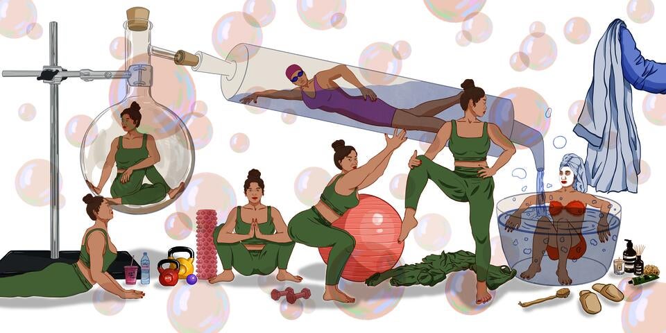 A series of same female figure doing yoga.