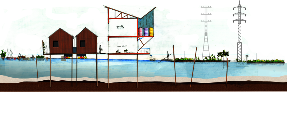 Cross-section of a Makoko waterway showing two red timber stilt houses, a sectioned community facility with coloured water storage tanks, a floating market, canoes, vegetation, and overhead electricity pylons.