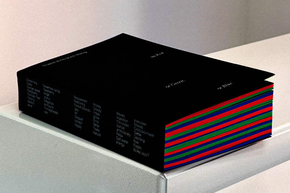 A 600-page book titled "There is no such thing as Red. or Green. or Blue." rests on a white pedestal. The spine lists participant survey responses. Page edges show alternating red, green, and blue stripes.