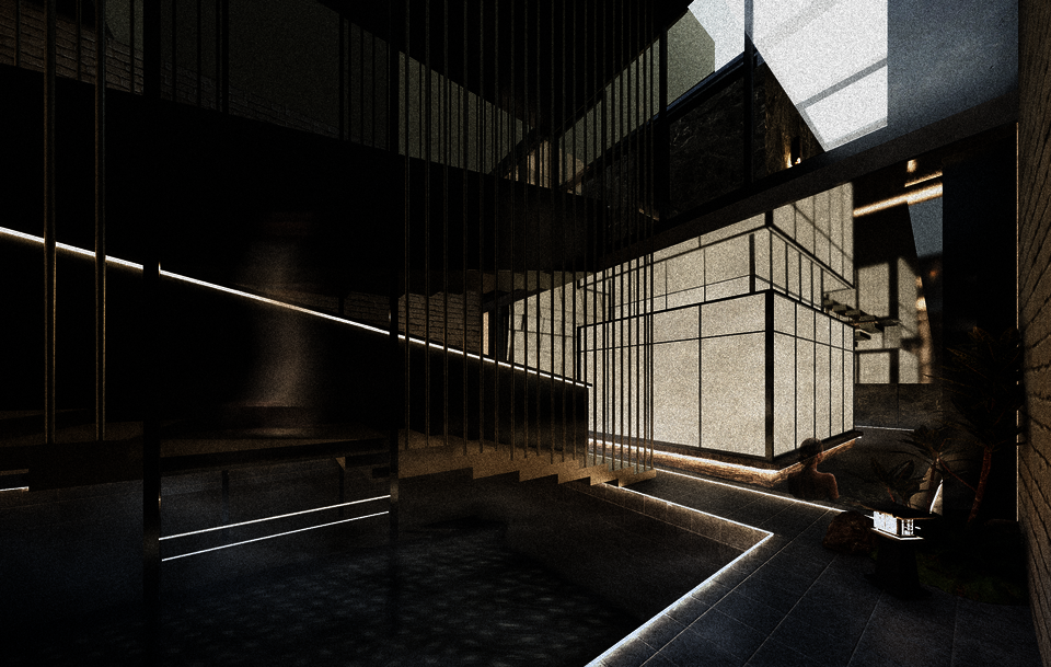 Interior view of a central courtyard showing transition between outdoor hot springs and indoor pools, with sauna and upper meditation room forming a yin-yang spatial contrast.