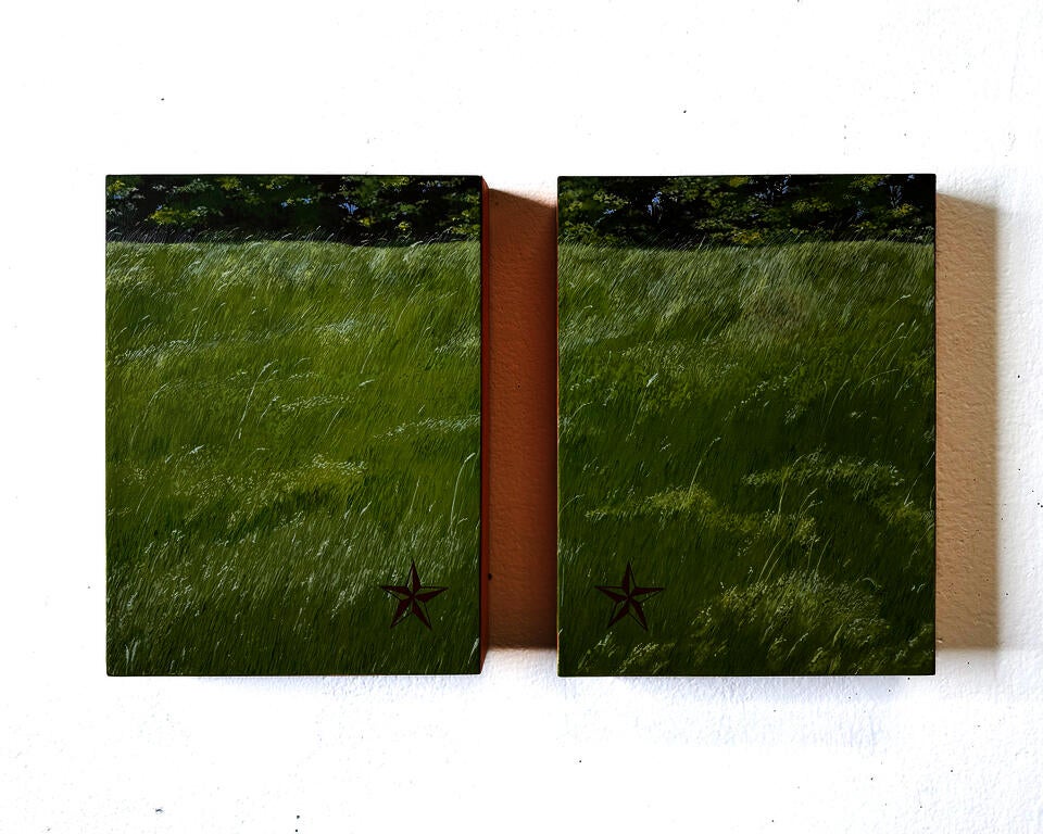 Two paintings are hung on the wall with an inch and a half of space between them. The paintings are of a green field of tall grass blowing in the wind.