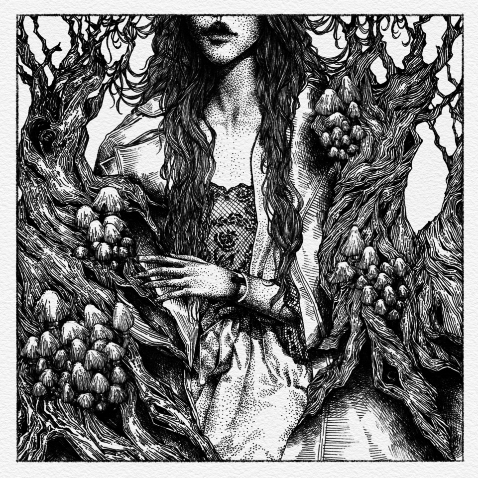 Black-and-white drawing. A long-haired woman is framed from the nose down. She touches the thick, gnarled, mushroom-covered tree trunks that tightly enclose her lace-clad torso on both sides.