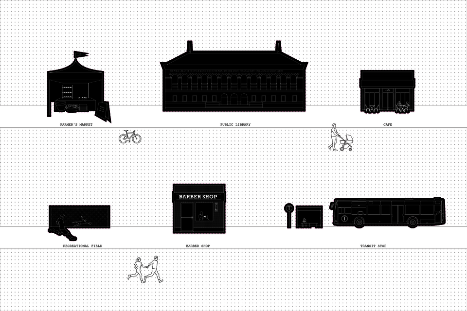 an image of different buildings where social interaction takes place (barber shop, library, recreational field, cafe, public transportation, etc.)