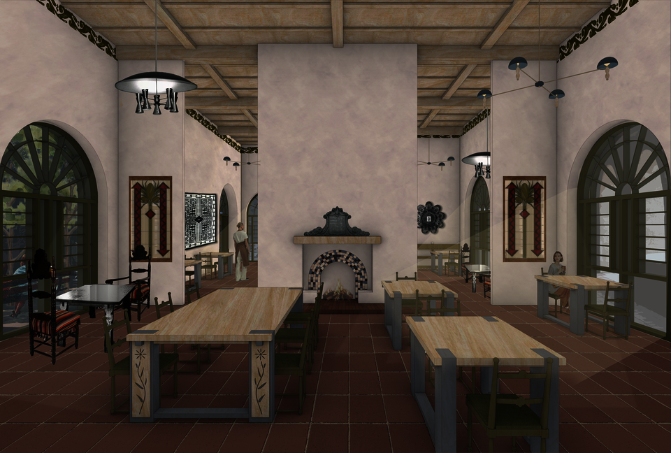 A dining room with terracotta tile floors, wooden ceiling beams, and plaster walls. Light wood tables with green chairs are arranged throughout the room contrasting the collaged historical furniture. 