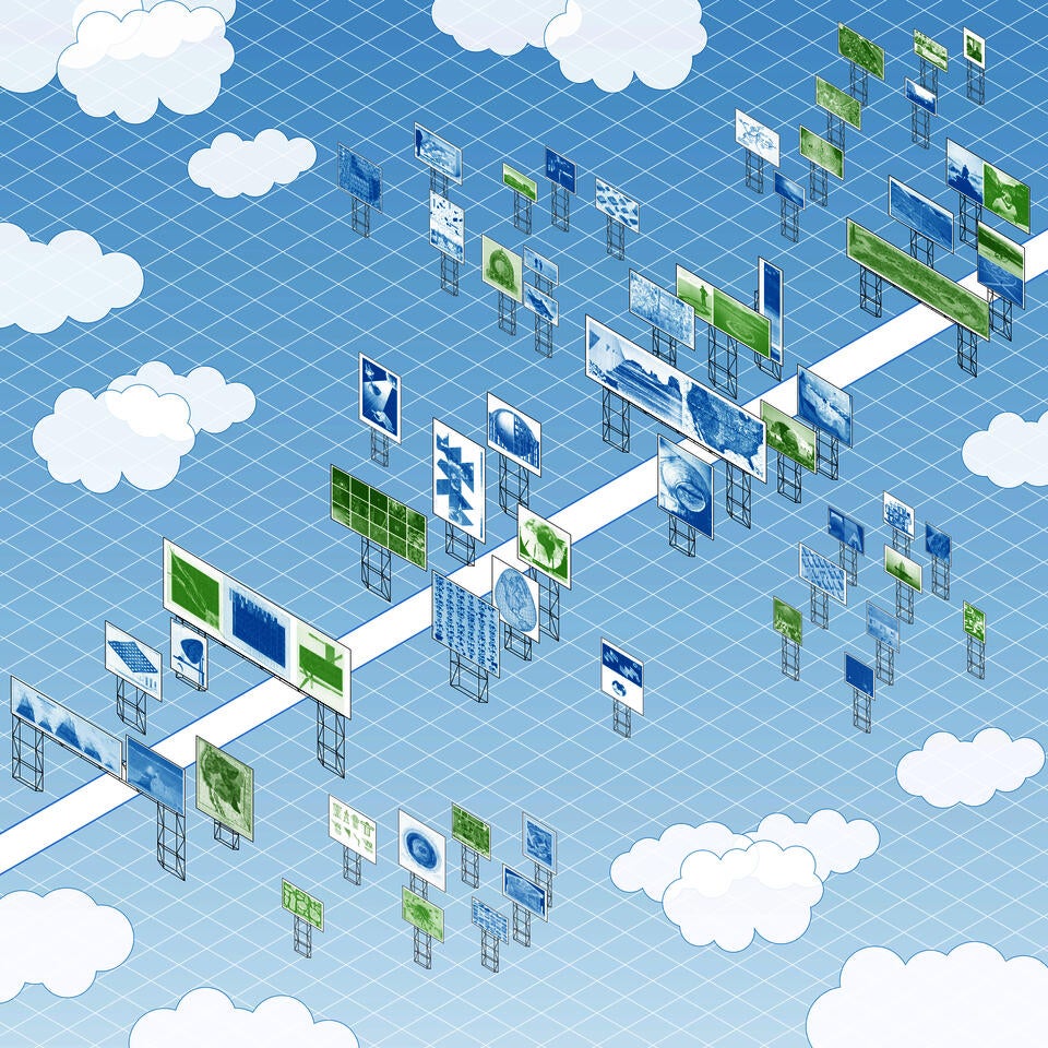 Axonometric collage of architectural and environmental research precedents displayed as billboard panels along a highway, mapping the timeline of research and precedents considered.