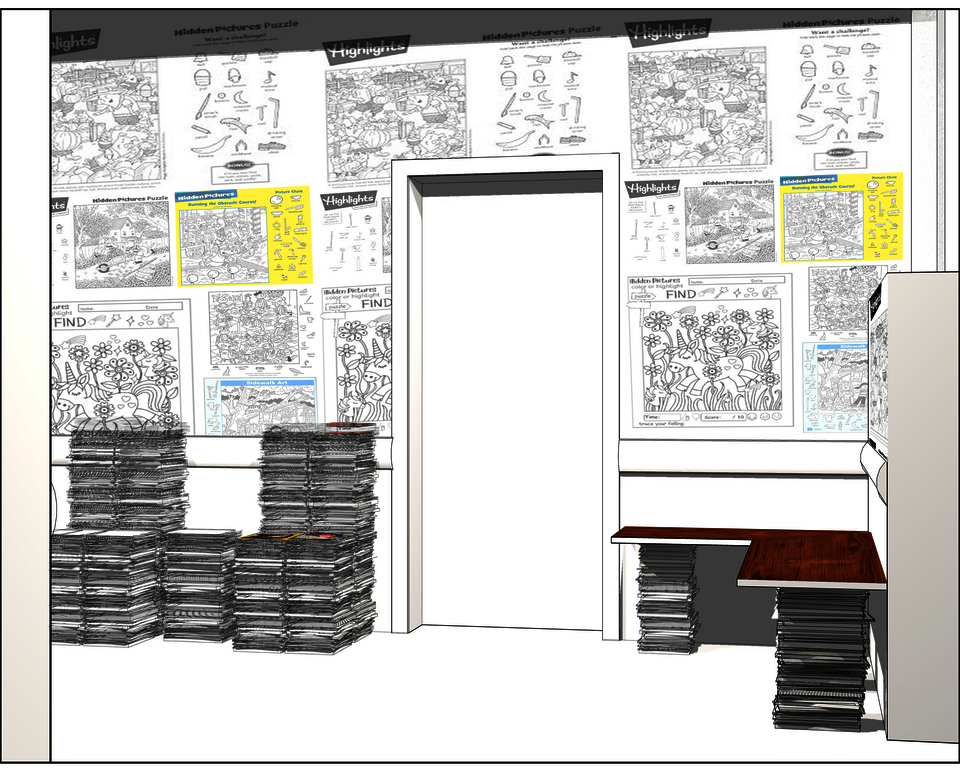 Digitally rendered image of a wall in a waiting room. The image shows a wall with a door in the center. Along the wall are stacks of magazines stacked in a way that makes them look like chairs. There are two magazines chairs to the left of the door - two stacks of magazines make up the seat and two more stacks behind that make up the seat back. To the right of the door there are stacks of magazines and a wooded board across them to make a bench.