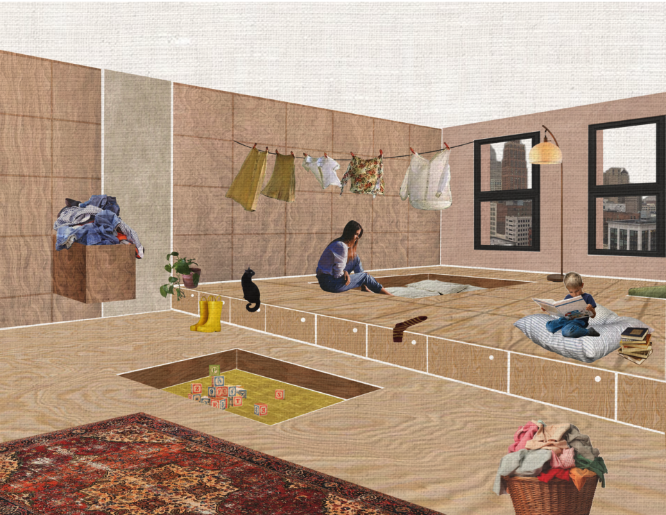 Collage of a room that has access flow raised to produce a sunken effect : woman seated, child reading, laundry hanging, cat nearby, storage drawers, play pit with blocks, and city view through windows.
