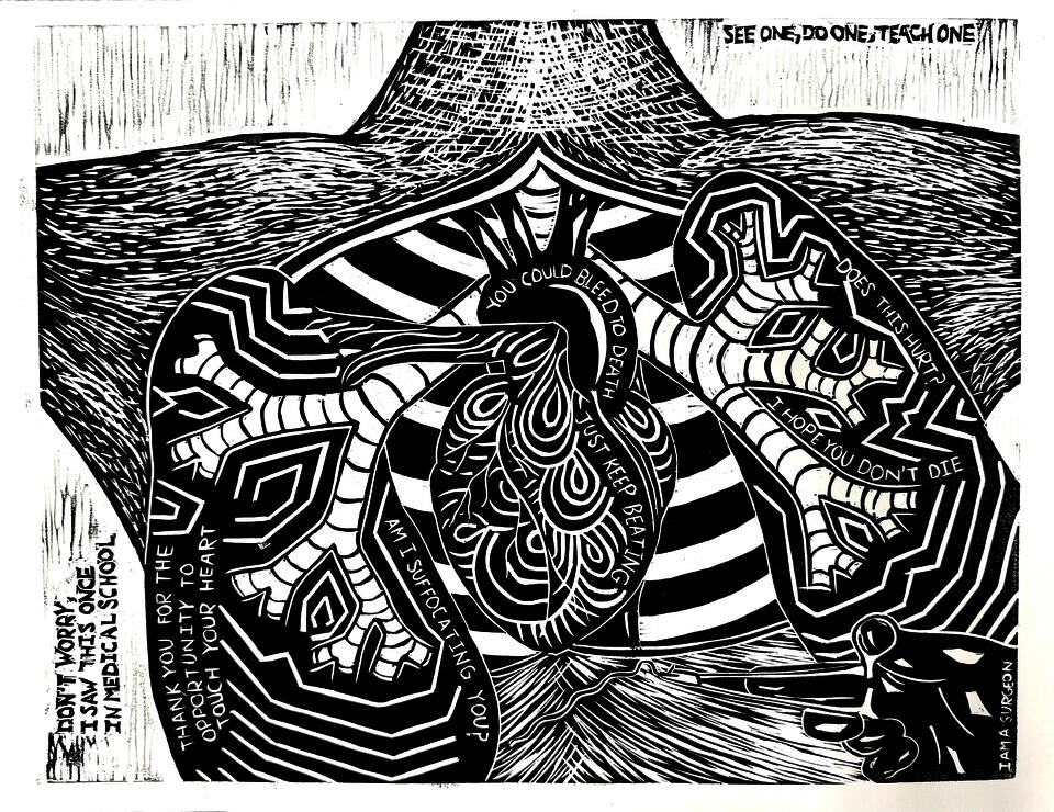 Woodcut relief print on paper showing patterned organs emerging from the chest