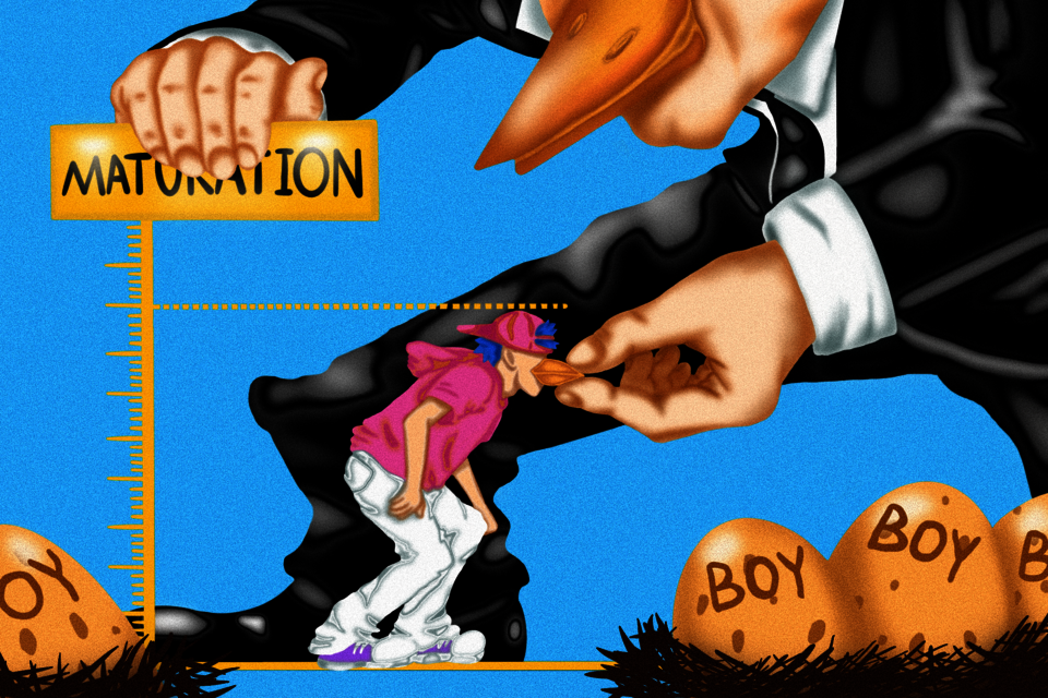 A surreal digital illustration depicting a bird-human figure in a black suit symbolizing patriarchal pressure. The figure grips the beak of a younger bird-boy character, preventing him from reaching “maturity” on a height measurement scale. Surrounding them are several eggs labeled “Boy.”