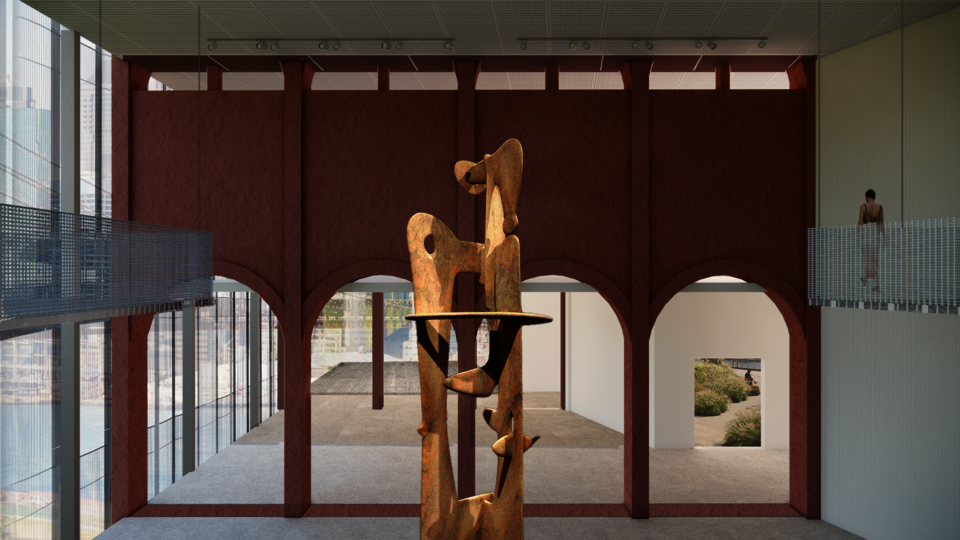 Interior museum view with red arched wall, suspended walkways, glass facade, and central sculpture.