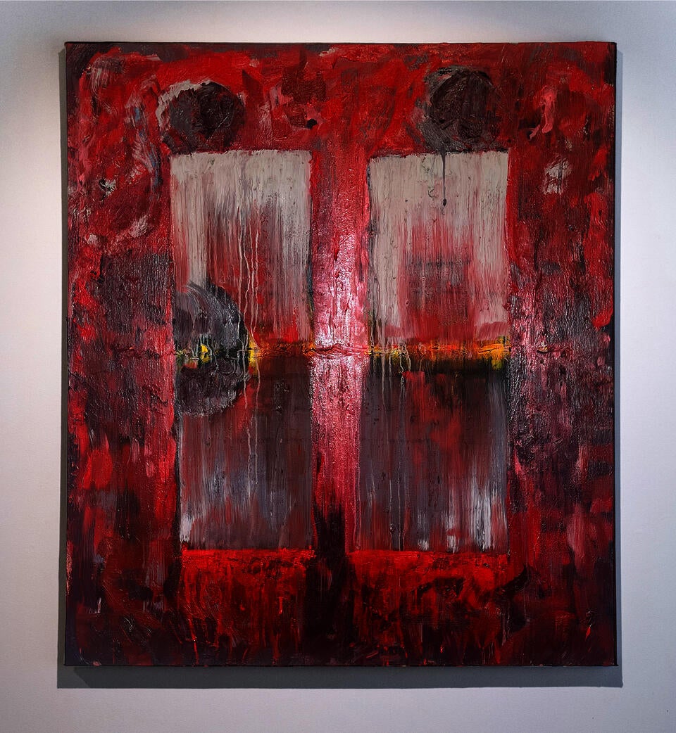Red abstract painting with two pale vertical window-like forms, gray circular shapes, a thin yellow horizontal glow, heavy texture, and paint drips across the surface.