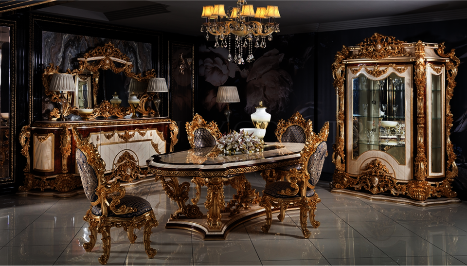"Ottoman-style" dining room set by the furniture company "Luxury Line."