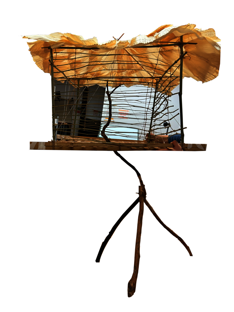 It is a cube-like home made with woven bamboo strips, fresh bamboo poles, corn husks sewed onto leftover printmaking translucent fabric and linen cords. It will be hung from the ceiling to allow the perch to pass through the middle of its bottom surface.