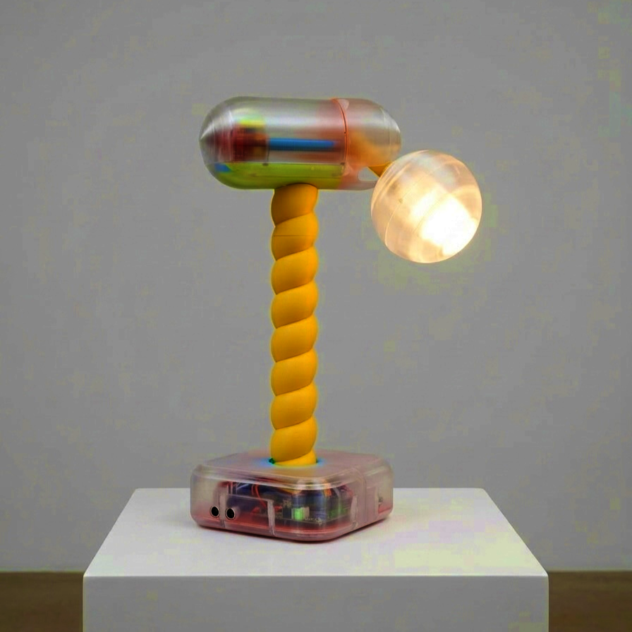 " A kinetic lamp with a twisted yellow stem, a frosted glowing bulb, and a translucent base revealing internal electronics."