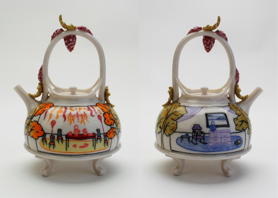 a teapot showing an illustration of the setup for a tea party and on the other side a single chair in a room with tea for one