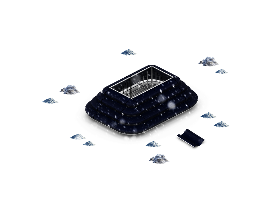 Rendered puffy architectural form surrounded by animated snowfall and snow piles, exploring accumulation, atmosphere, and snow as a temporary architectural material.