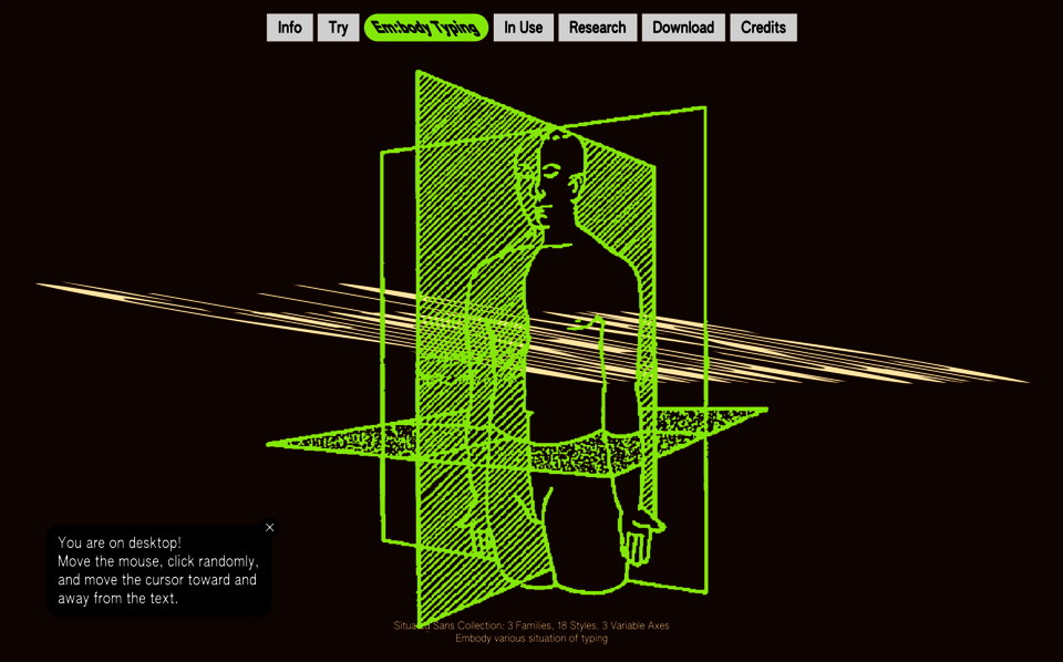 Neon green wireframe human figure and geometric planes on a brown screen interface with navigation tabs and instructional text.