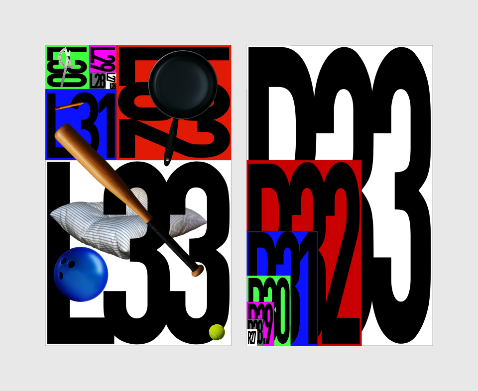 2 Posters with bold typographic compositions with oversized black numbers, bright colored blocks, and layered images of household objects including a pan, pillow, bat, pencil, and balls. 