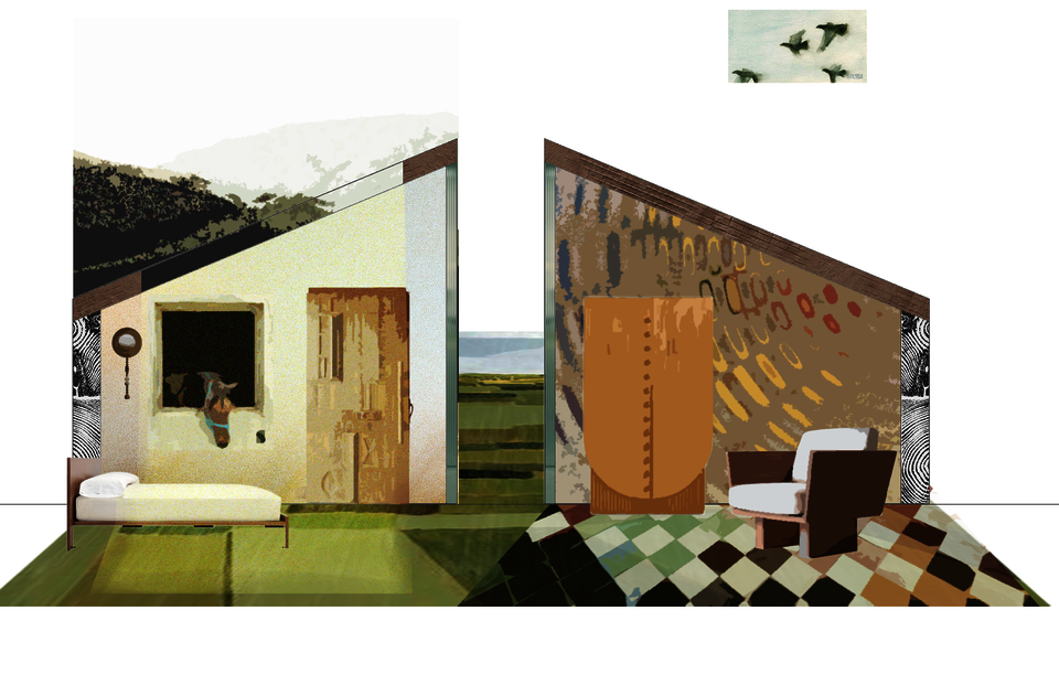 Short-term residential unit within the therapeutic circuit. Interior opens visually toward the barn through a glazed partition. Designed for rest and gradual reengagement with the site's daily rhythms.