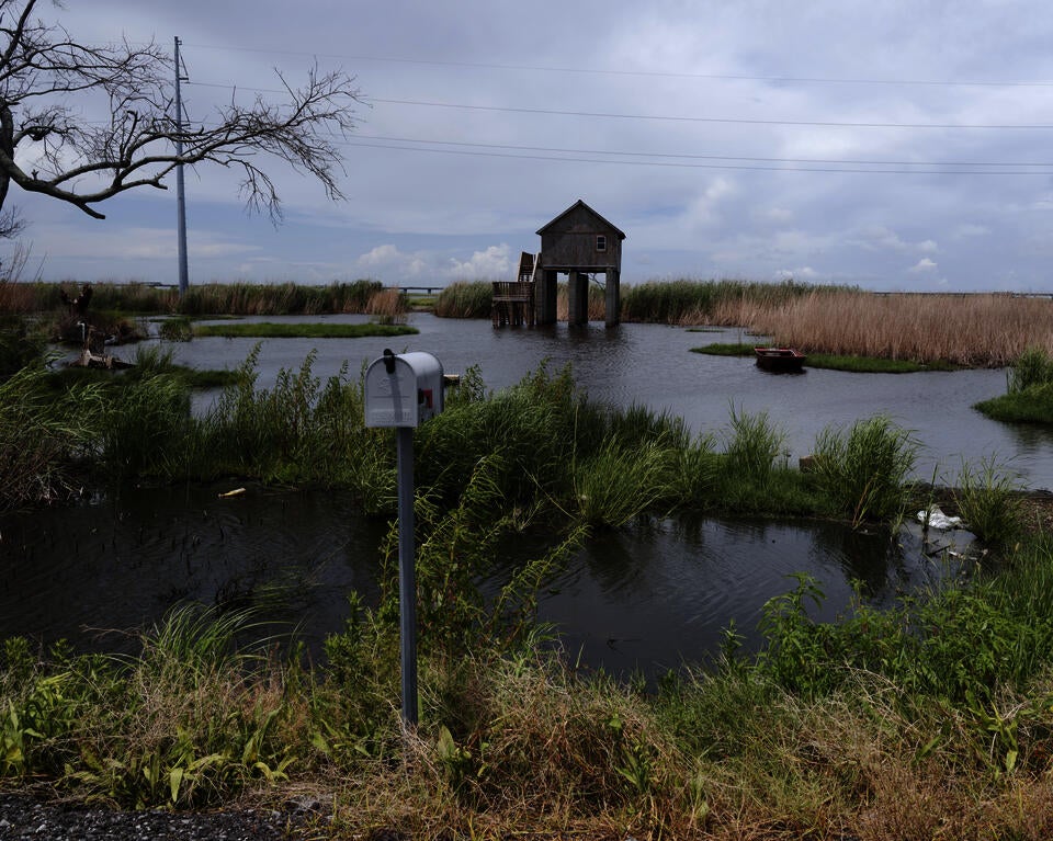 Photograph of an elevated house in South Louisiana. The house is raised on stilts and surrounded by water.