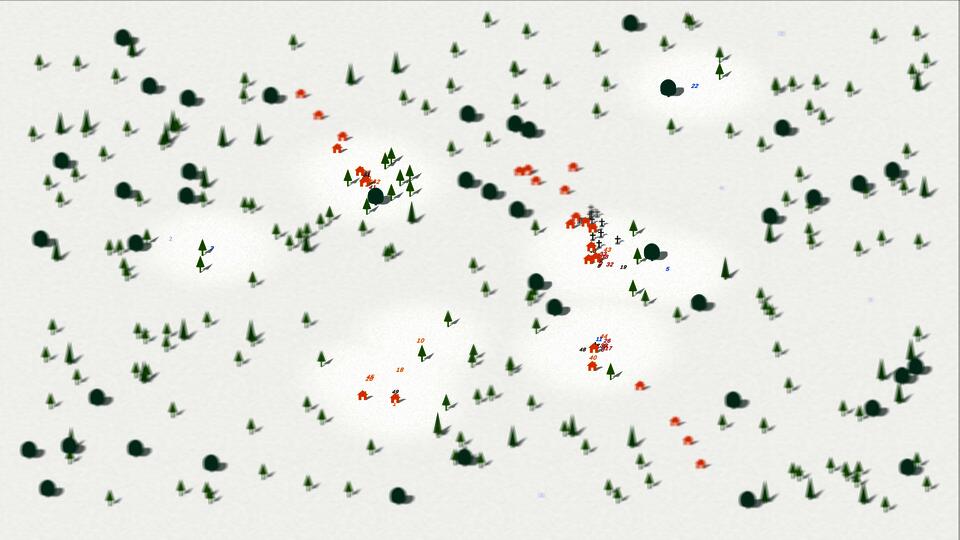 Top-down view of a minimal simulation landscape with scattered trees and small colored figures clustering and moving across a light background.