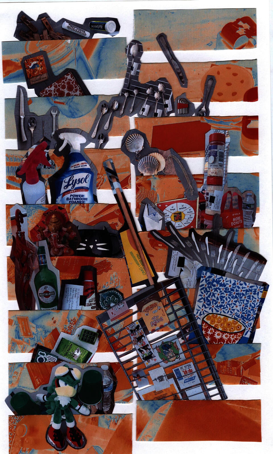 Mixed-media collage of everyday objects including utensils, cleaning spray, shells, groceries, tools, and packaging arranged over orange and blue abstract strips, with a metal rack and small toys.